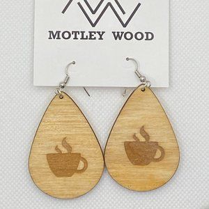 Natural Wood stain teardrop  shape earrings with coffee cup